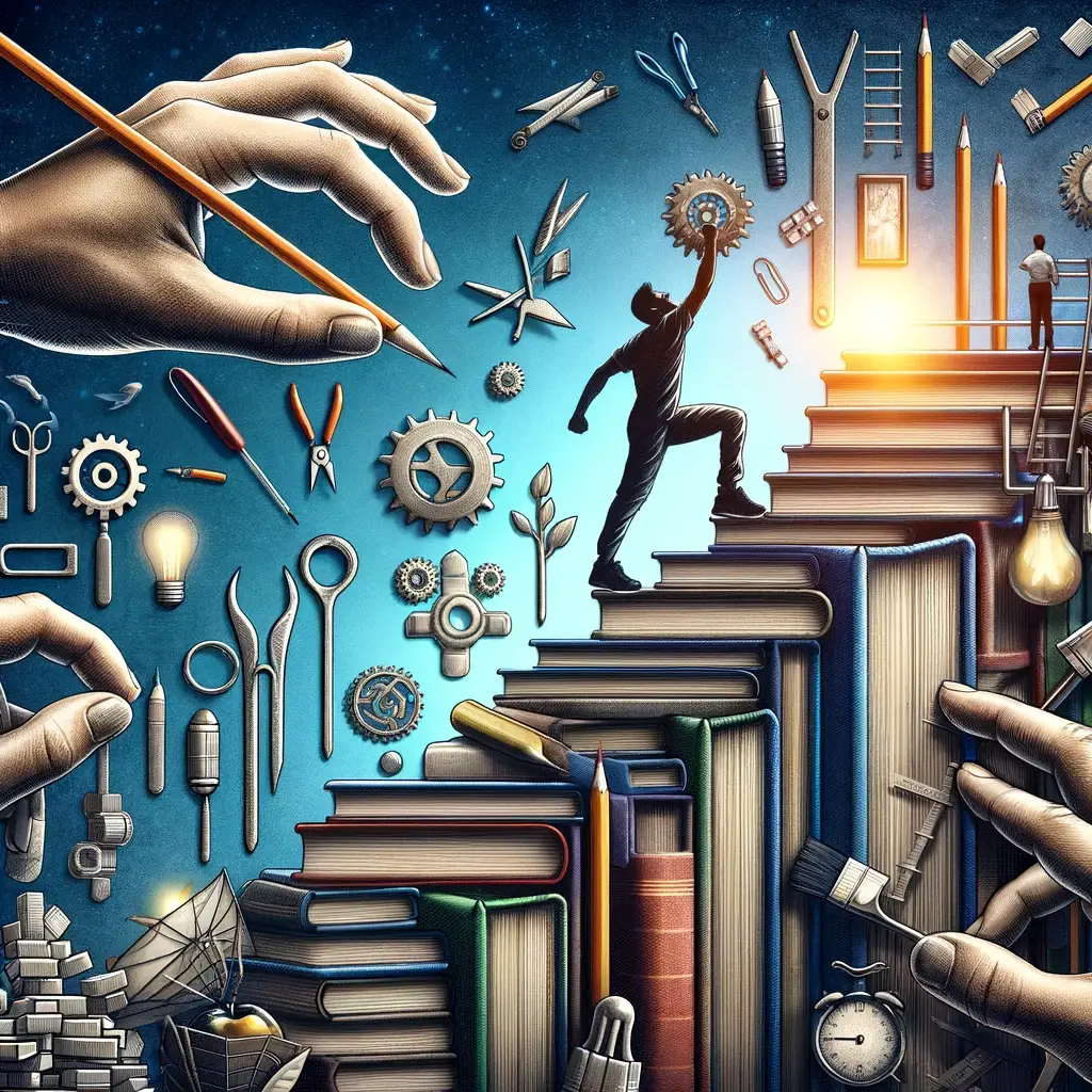 Motivational image of a person ascending a staircase made of books towards a trophy, symbolizing the journey of building self-discipline and personal growth.